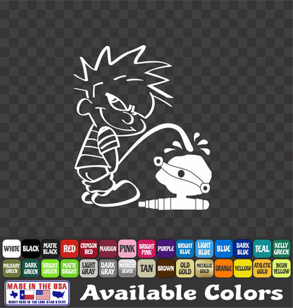 Calvin Pissing on Spin Cast Reel Detailed Vinyl Decal – Funny Bowfishing Sticker