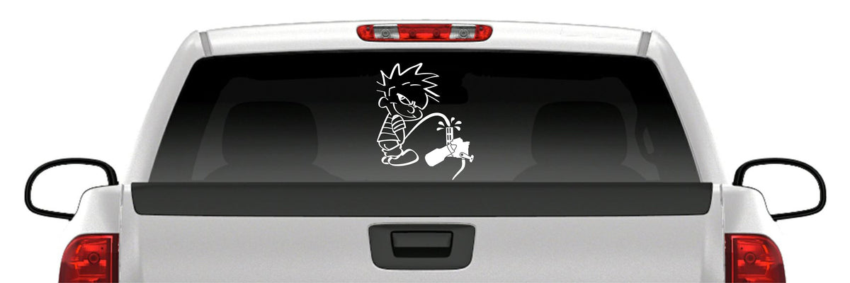 Calvin Pissing on Bottle Retriever Detailed Vinyl Decal – Funny Bowfishing Sticker