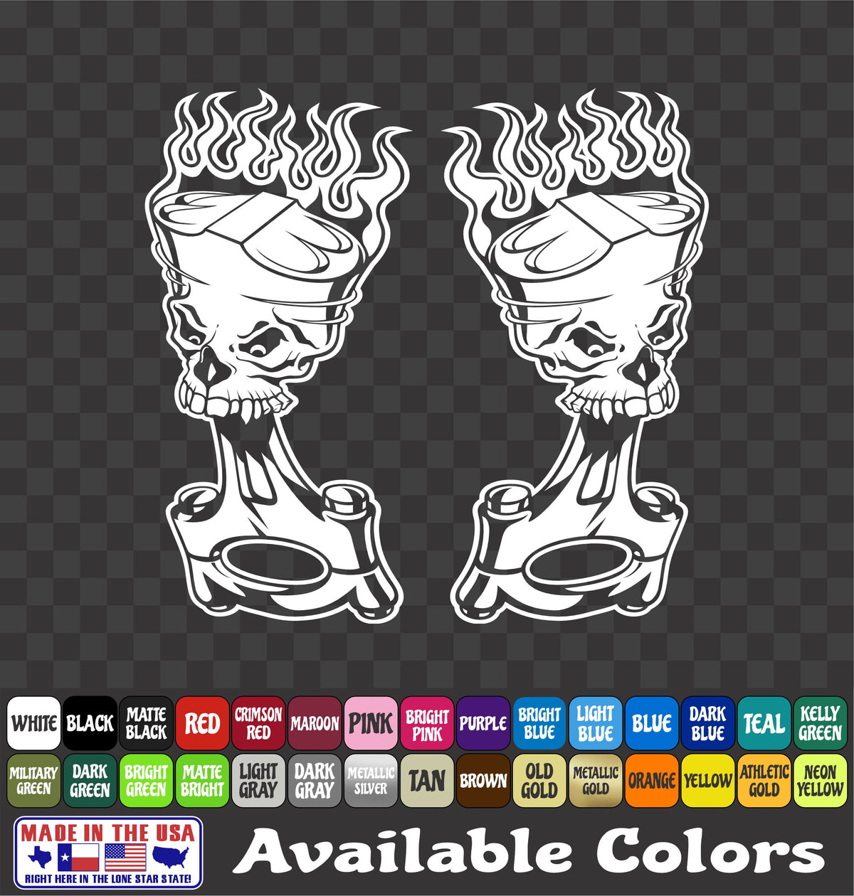 Flaming Piston Sticker Hot Rod Skull Flames Skeleton Race Vinyl Decal