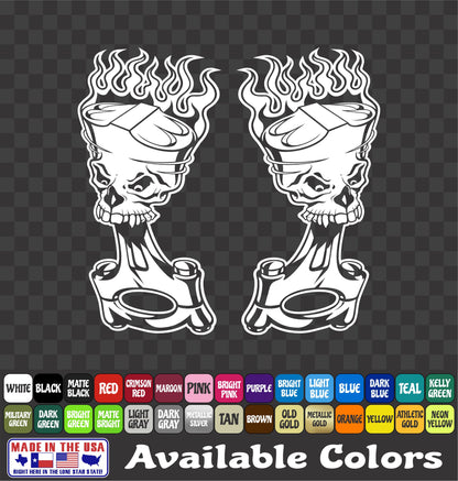 Flaming Piston Sticker Hot Rod Skull Flames Skeleton Race Vinyl Decal