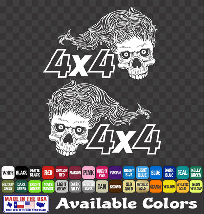 4x4 Skeleton Skull Decal Offroad Muddy Hair Lifted Truck ATV Vinyl Sticker