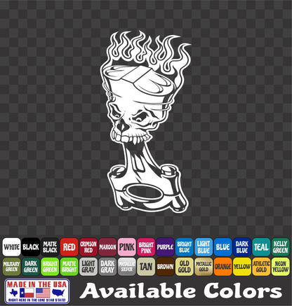 Flaming Piston Sticker Hot Rod Skull Flames Skeleton Race Vinyl Decal