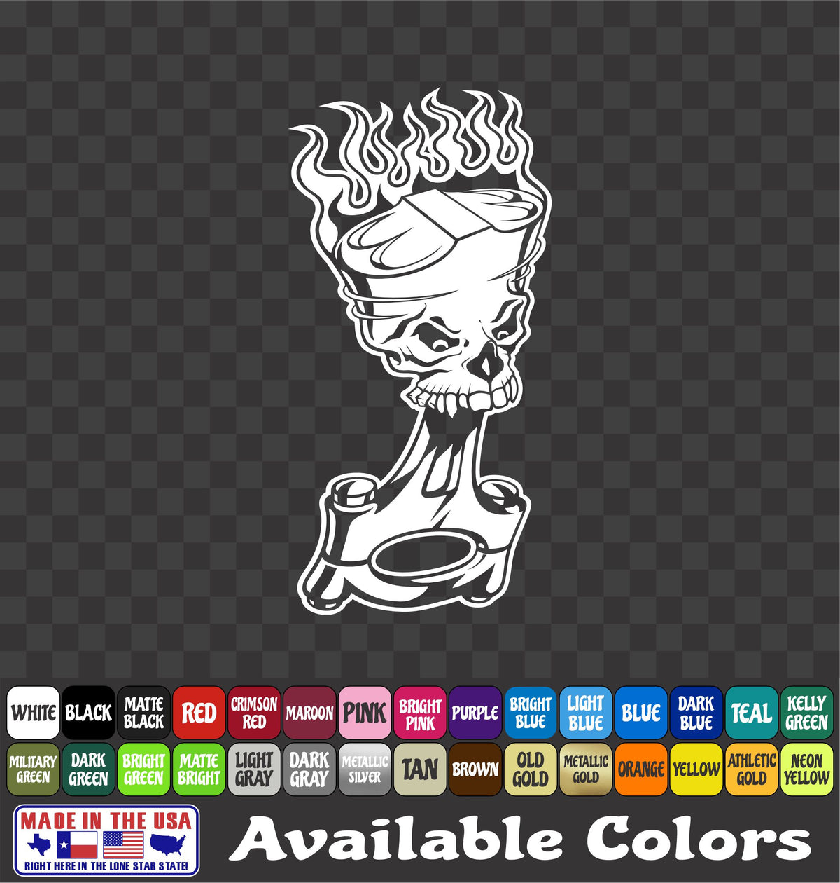 Flaming Piston Sticker Hot Rod Skull Flames Skeleton Race Vinyl Decal