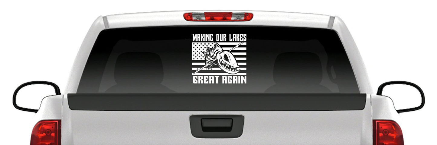 Make Our Lakes Great Bowfishing Vinyl Decal – American Flag Fish Skeleton