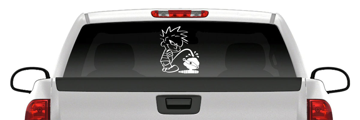 Calvin Pissing on Spin Cast Reel Detailed Vinyl Decal – Funny Bowfishing Sticker