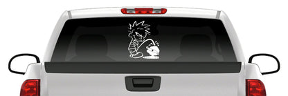 Calvin Pissing on Spin Cast Reel Detailed Vinyl Decal – Funny Bowfishing Sticker