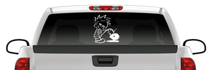 Calvin Pissing on Spin Cast Reel Vinyl Decal – Funny Bowfishing Sticker