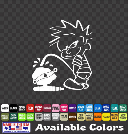 Calvin Pissing on Spin Cast Reel Detailed Vinyl Decal – Funny Bowfishing Sticker