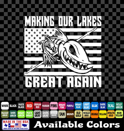 Make Our Lakes Great Bowfishing Vinyl Decal – American Flag Fish Skeleton