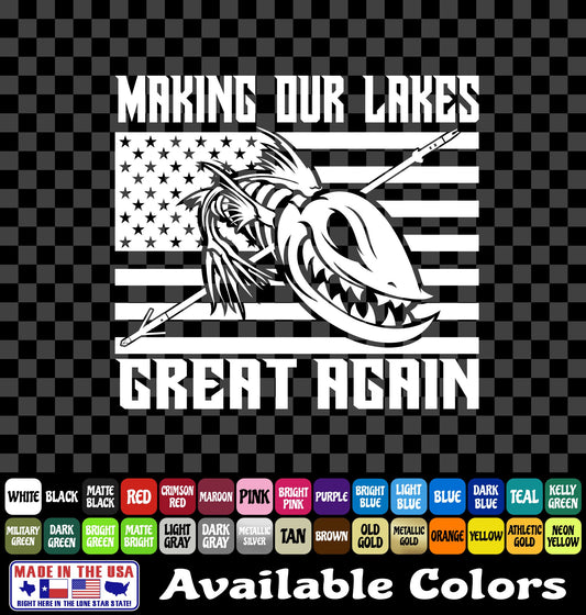 Make Our Lakes Great Bowfishing Vinyl Decal – American Flag Fish Skeleton
