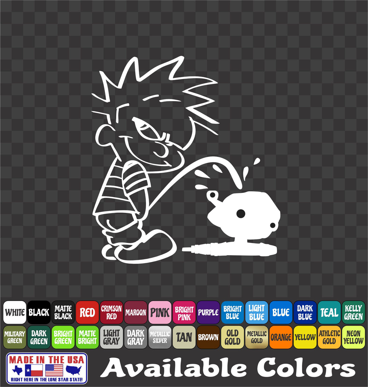 Calvin Pissing on Spin Cast Reel Vinyl Decal – Funny Bowfishing Sticker